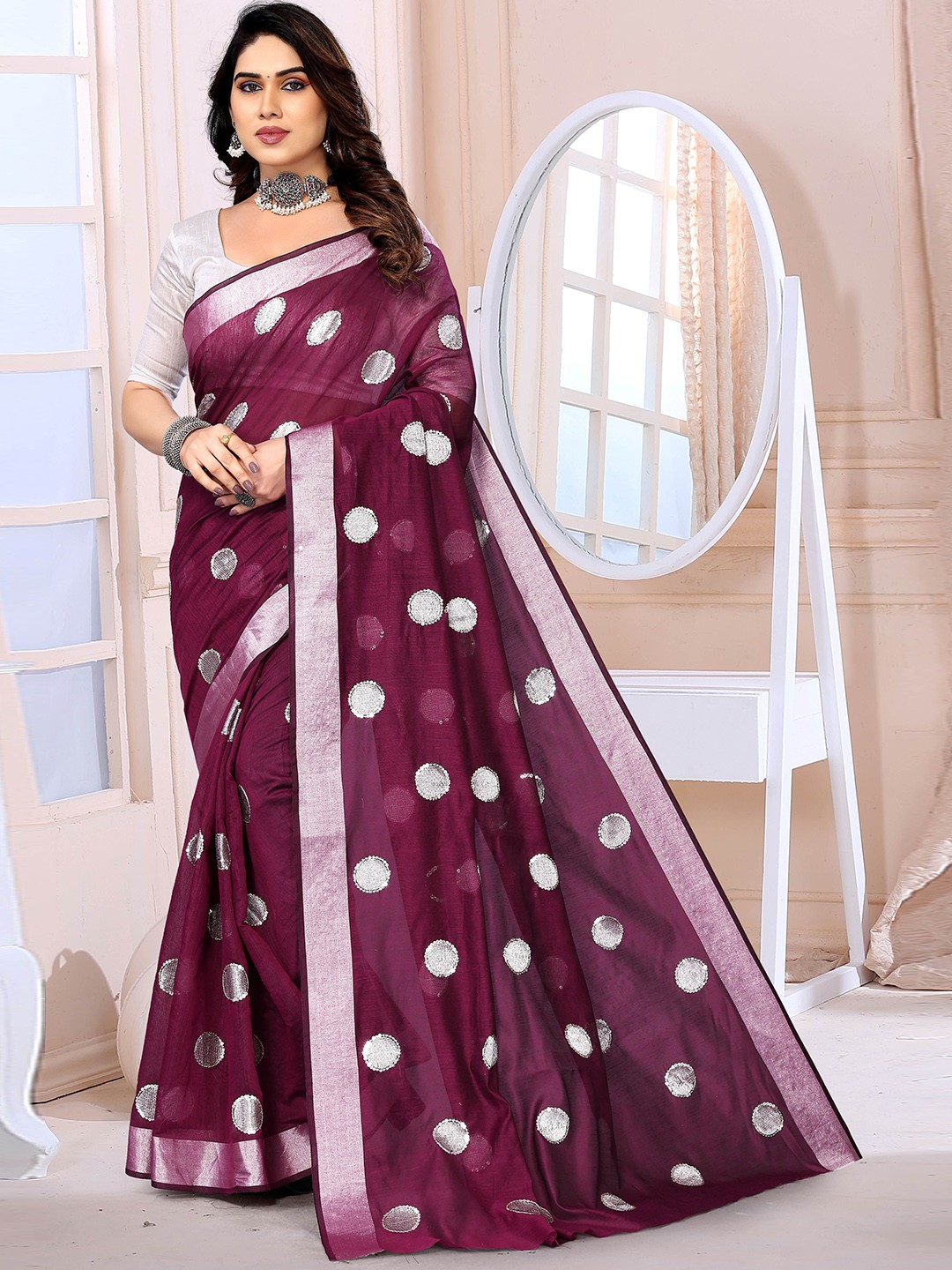 

SILKWEAR Floral Embroidered Silk Cotton Chanderi Saree, Purple