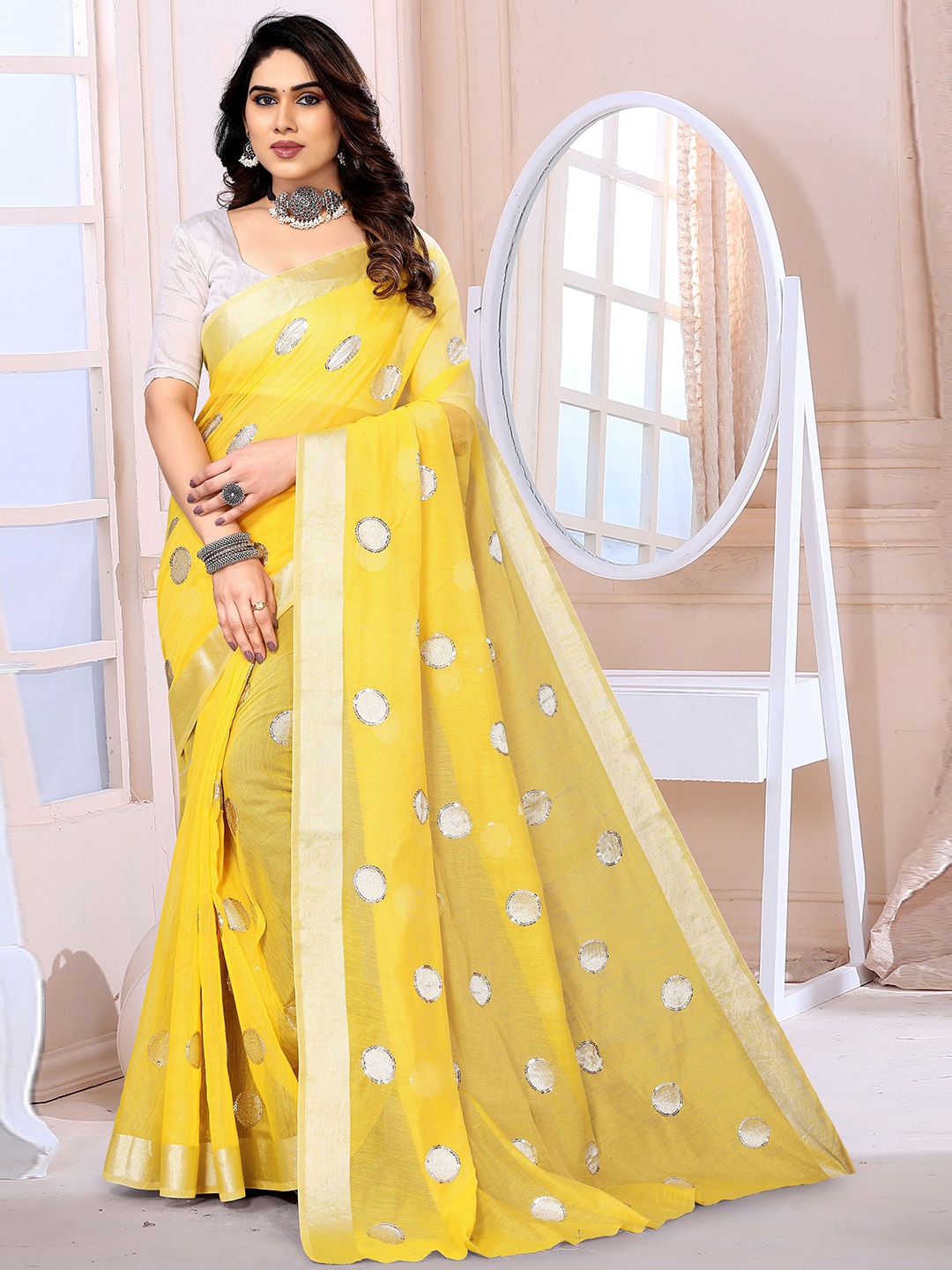 

SILKWEAR Embellished Embroidered Sequinned Silk Cotton Chanderi Saree, Yellow