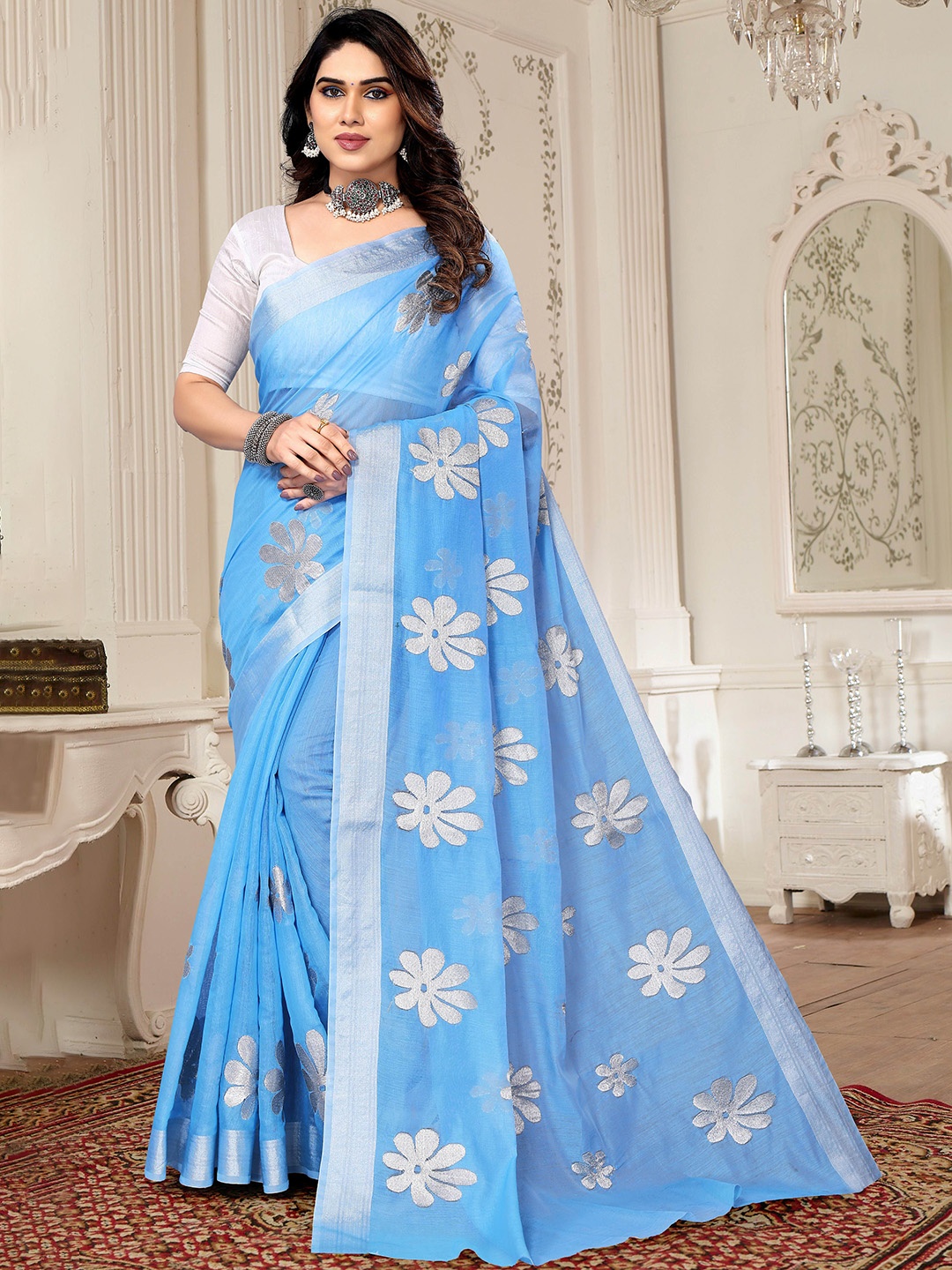 

SILKWEAR Floral Embroidered Zari Silk Cotton Chanderi Saree, Blue