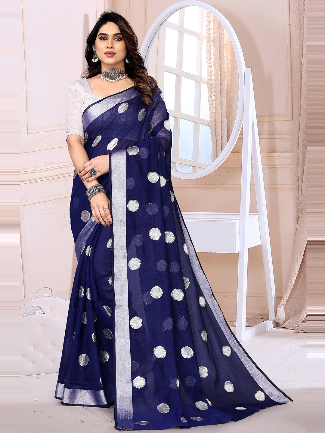 

SILKWEAR Polka Dots Embellished Zari Silk Cotton Chanderi Saree, Blue