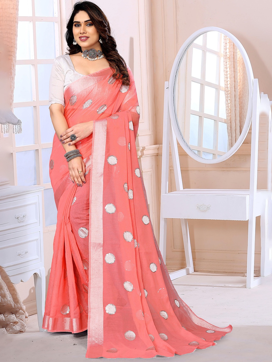 

SILKWEAR Embellished Zari Chanderi Saree, Pink