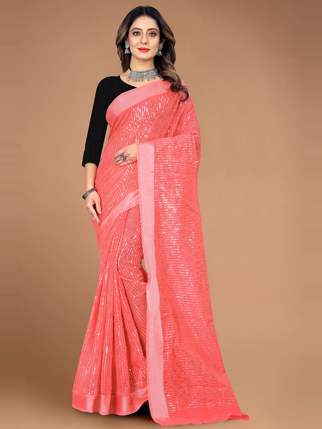 

SILKWEAR Embellished Sequinned Silk Cotton Chanderi Saree, Pink