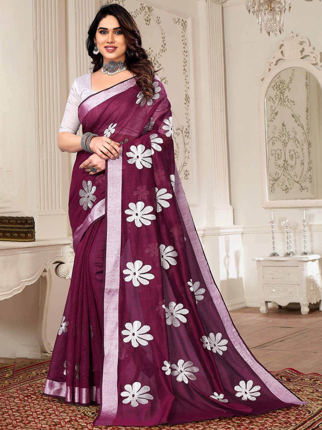 

SILKWEAR Floral Embroidered Zari Silk Cotton Chanderi Saree, Purple