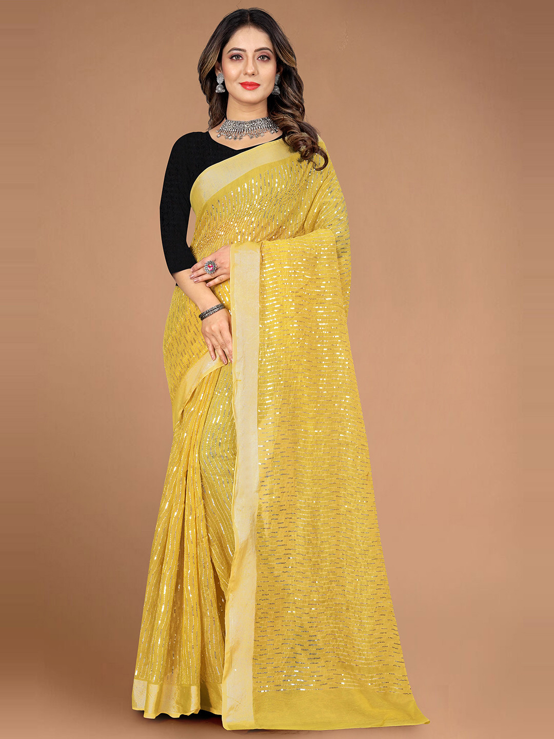 

SILKWEAR Embellished Sequinned Silk Cotton Saree, Yellow