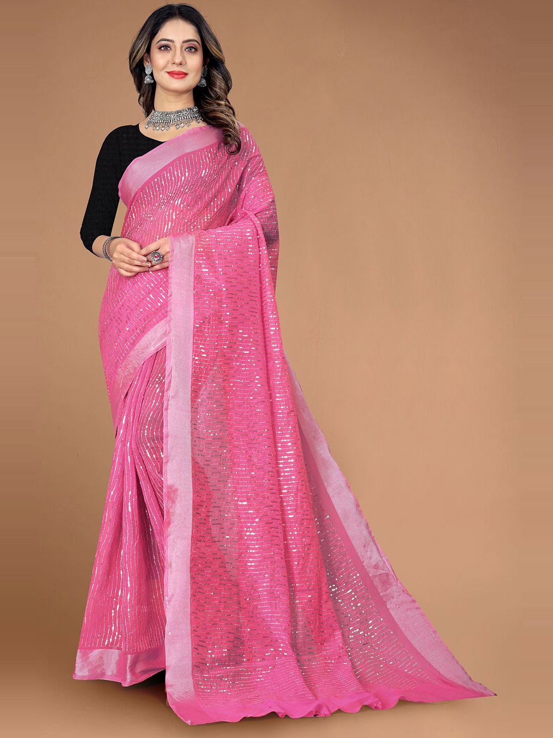 

SILKWEAR Striped Embellished Sequinned Silk Cotton Chanderi Saree, Pink