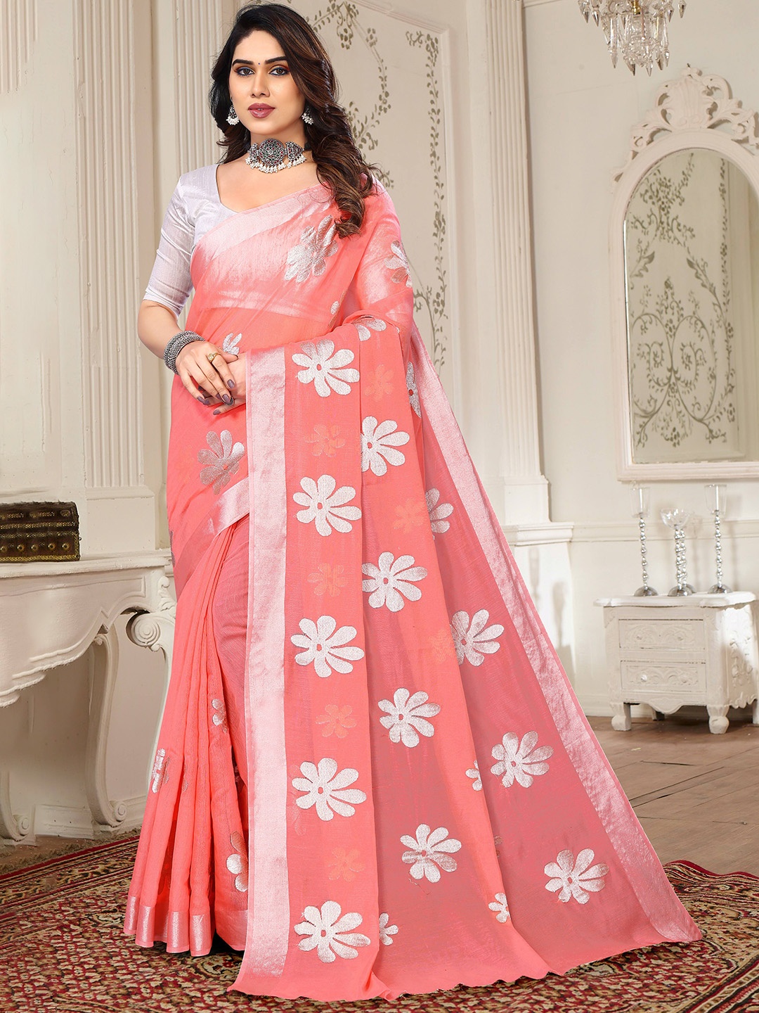 

SILKWEAR Floral Embroidered Zari Silk Cotton Chanderi Saree, Pink