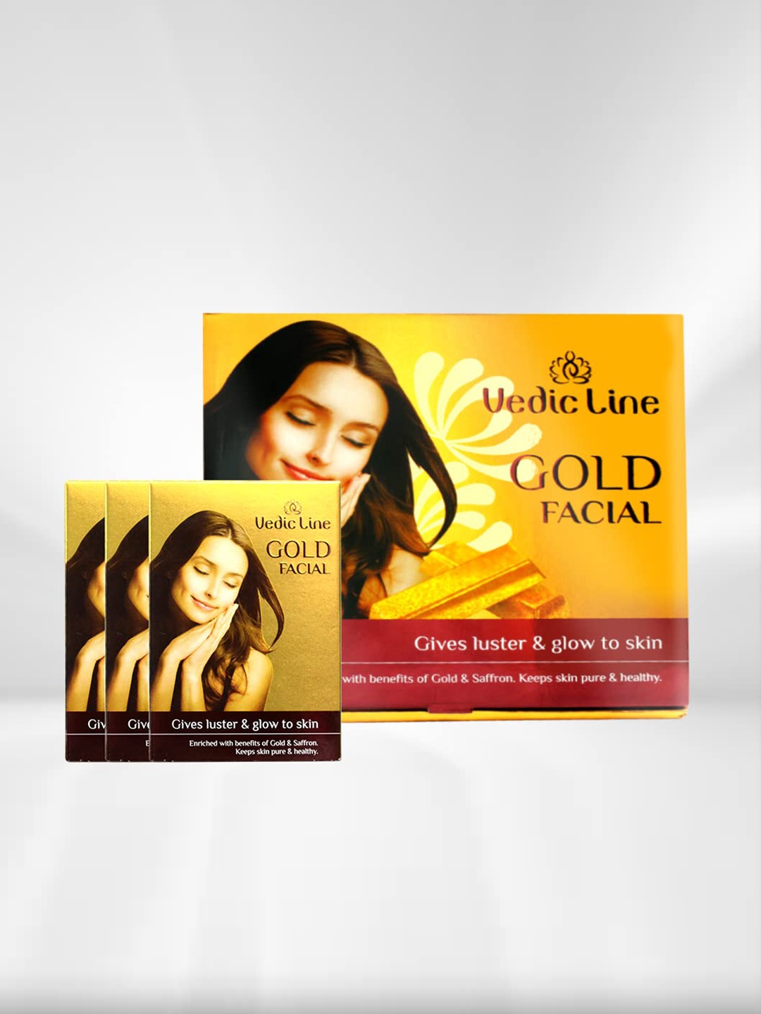 

Vediclin Gold Ojas Set Of 10 Face Cleanser-Scrub-Cream-Massage Gel-Pack-Moisture Serum, Yellow