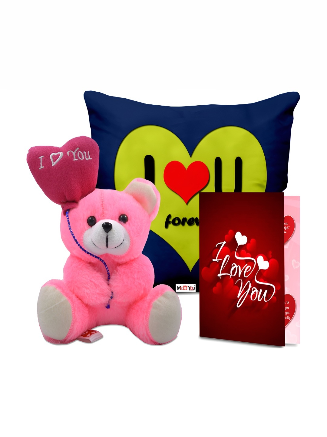 

ME & YOU Blue & Pink 3 Pieces Printed Cushion Teddy Bear & Greetings Card Home Gift Set
