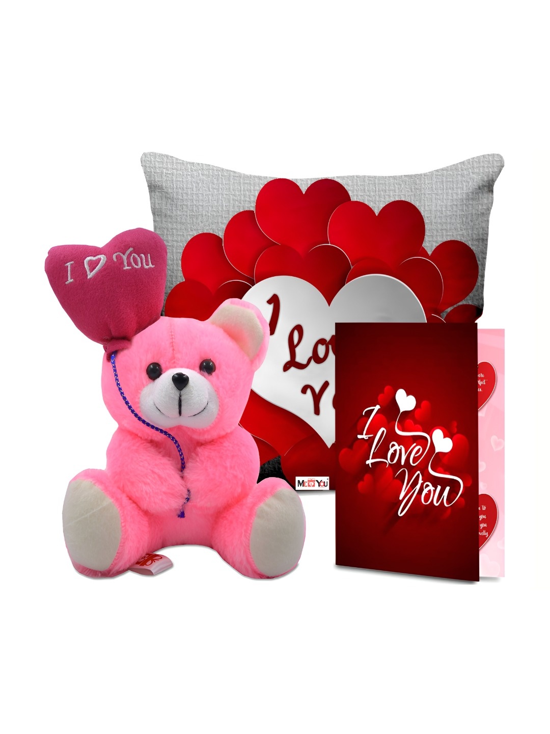

ME & YOU 3 Pieces Printed Cushion Teddy Bear & Greetings Card Home Gift Set, Red