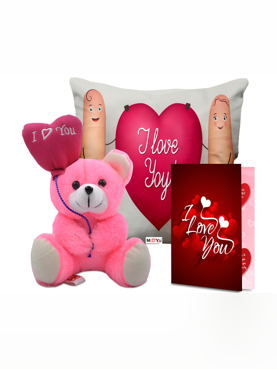 

ME & YOU Red & Pink 3 Pieces Printed Cushion Teddy & Greeting Card Valentine Gift Set