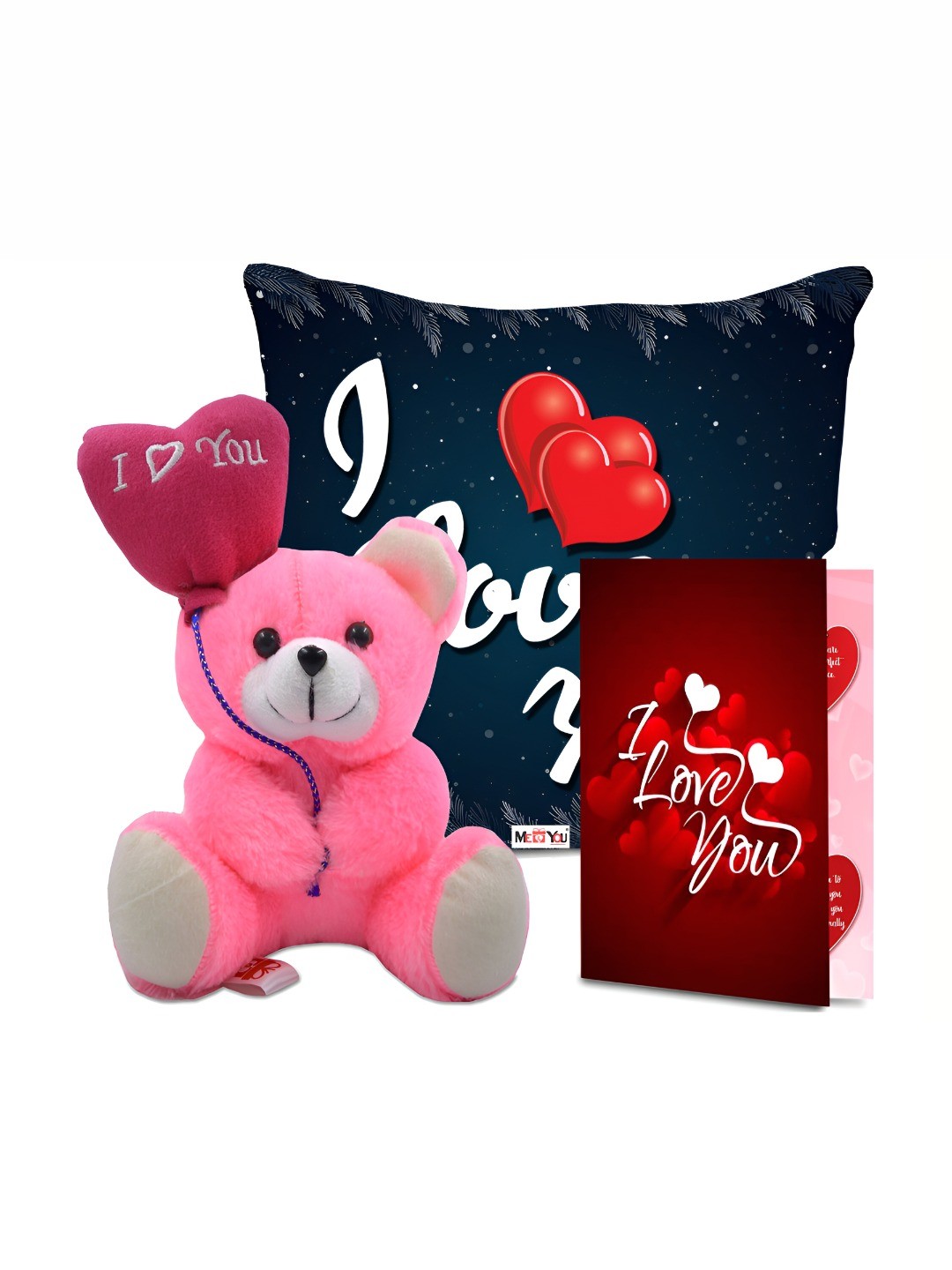 

ME & YOU Blue & Pink 3 Pieces Printed Cushion Teddy & Greeting Card Home Gift Set