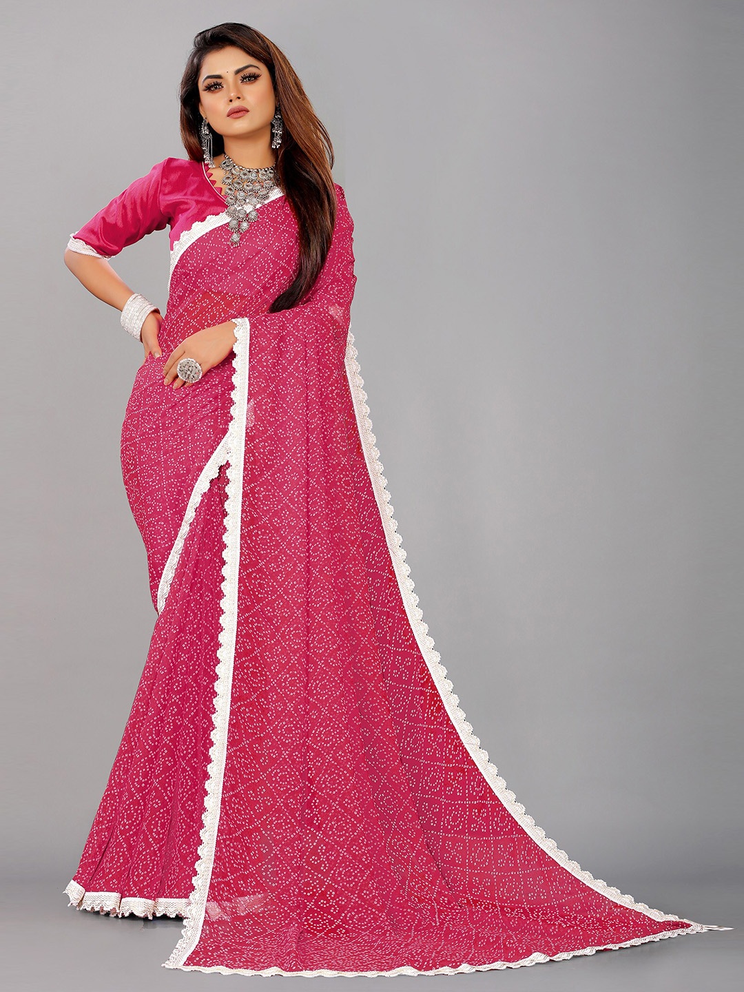 

Reeta Fashion Floral Printed Pure Georgette Lace Saree, Pink