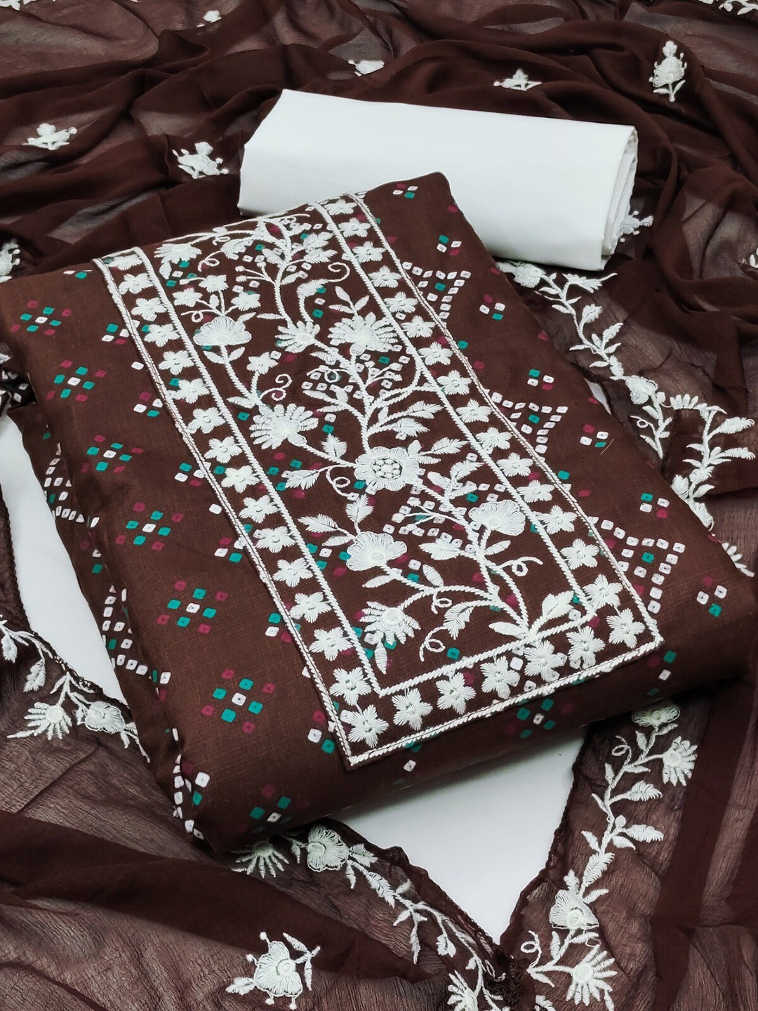 

Panzora Embroidered Unstitched Dress Material, Brown