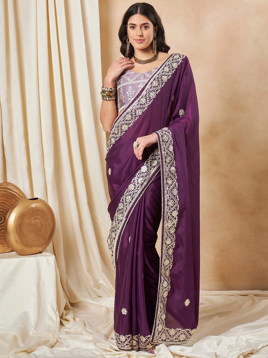

Saree mall Purple Ethnic Motifs Embellished Gotta Patti Sarees
