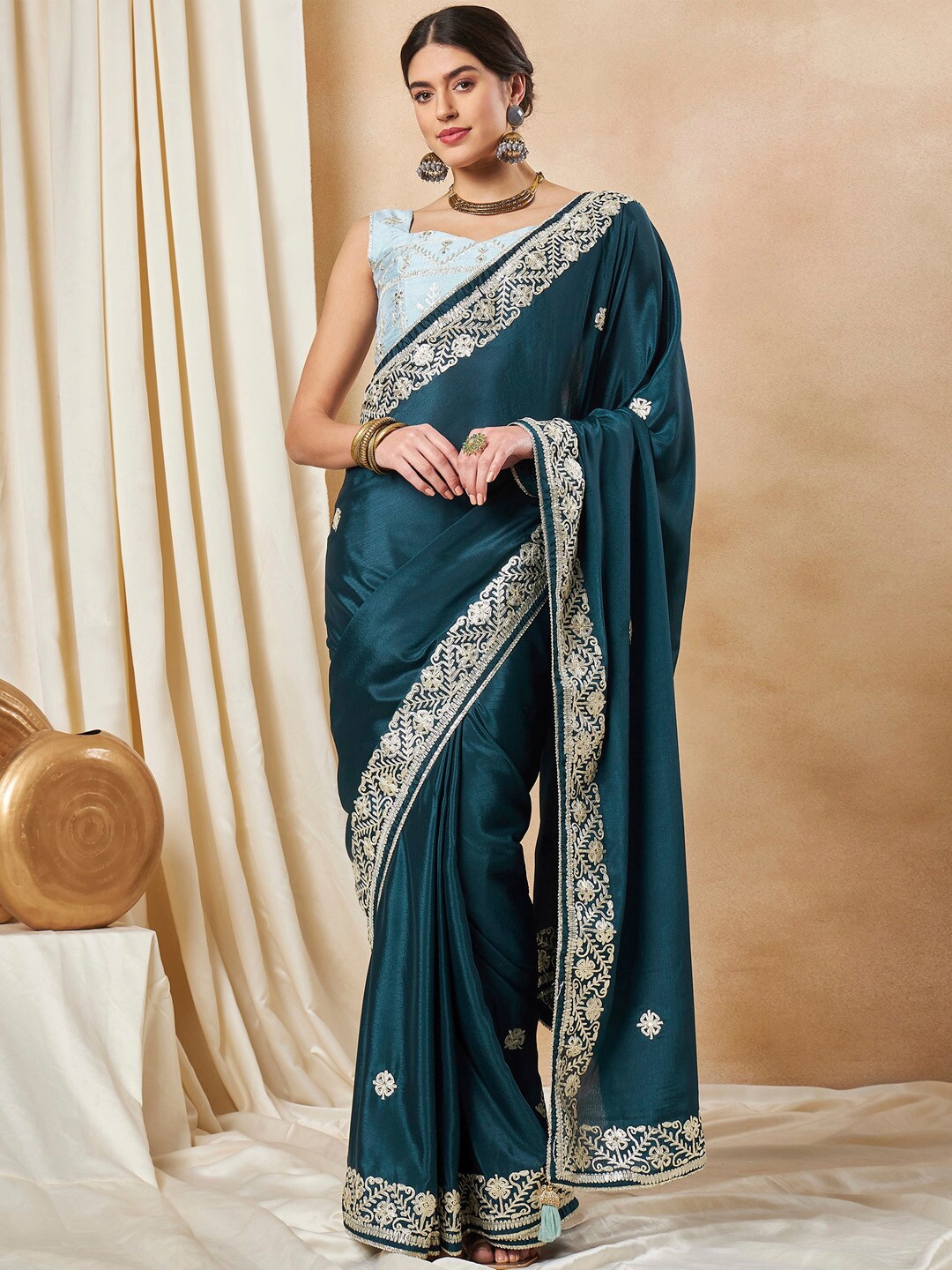 

Saree mall Teal Ethnic Motifs Embellished Gotta Patti Poly Chiffon Saree
