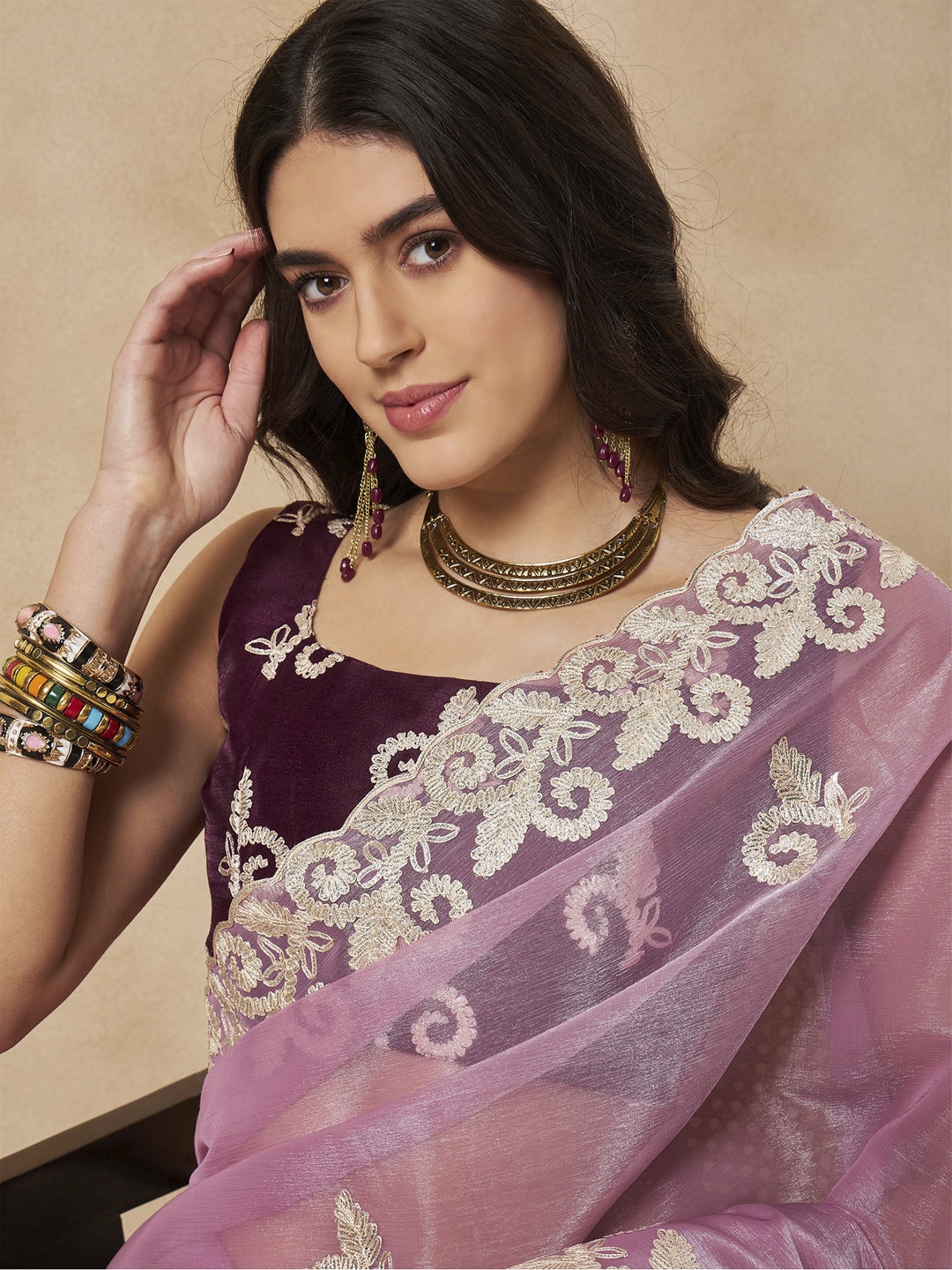 

Saree mall Mauve Ethnic Motifs Embroidered Gotta Patti Organza Sarees