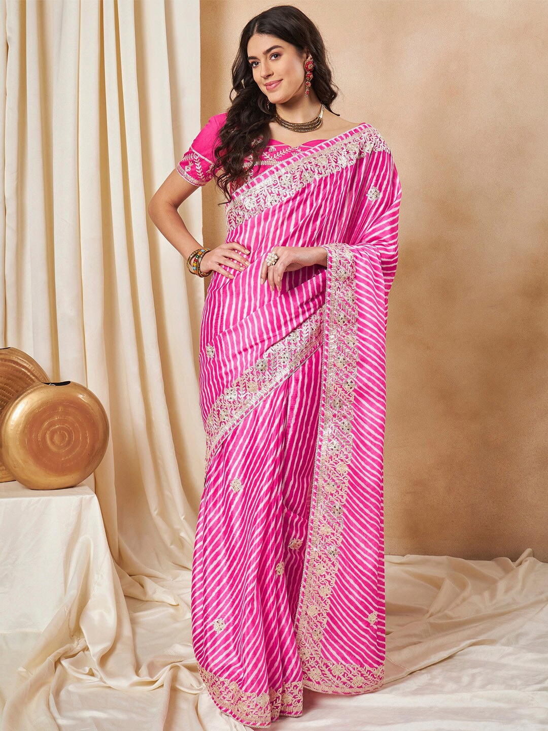 

Saree mall Pink Leheriya Printed Embellished Gotta Patti Poly Chiffon Saree