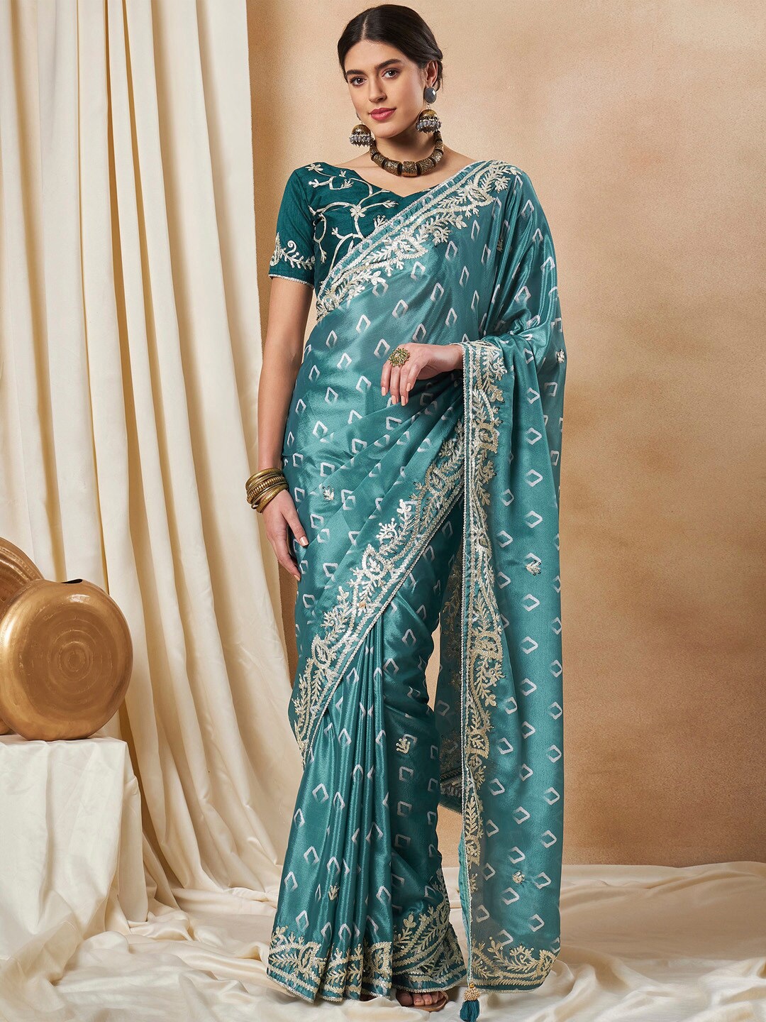 

Saree mall Teal Blue Geometric Printed Gotta Patti Poly Chiffon Saree