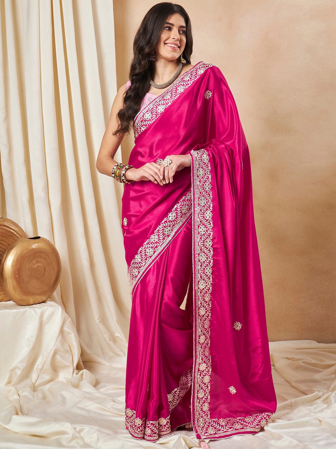 

Saree mall Pink Embroidered Gotta Patti Poly Chiffon Saree