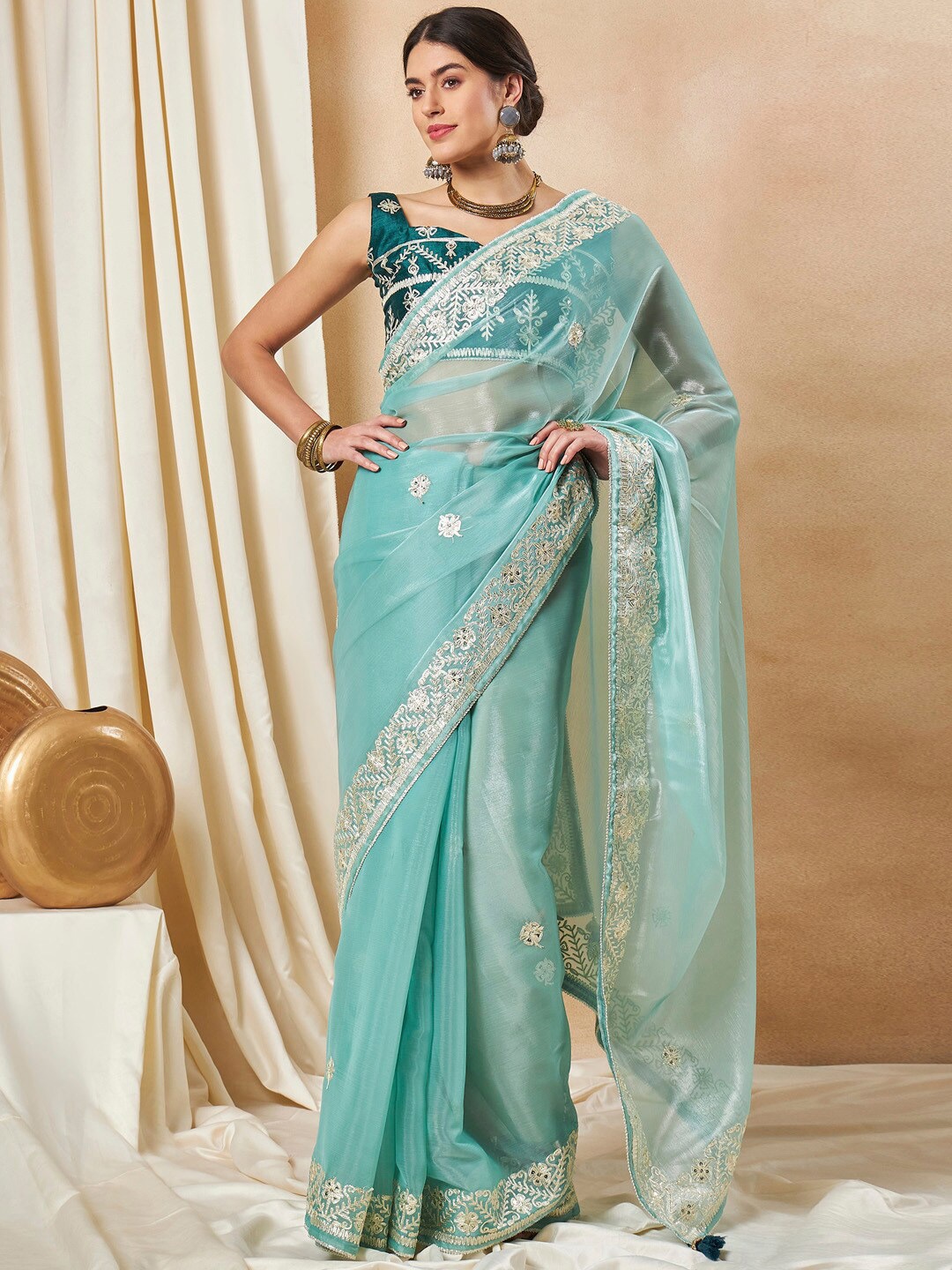 

Saree mall Blue Embellished Gotta Patti Organza Saree