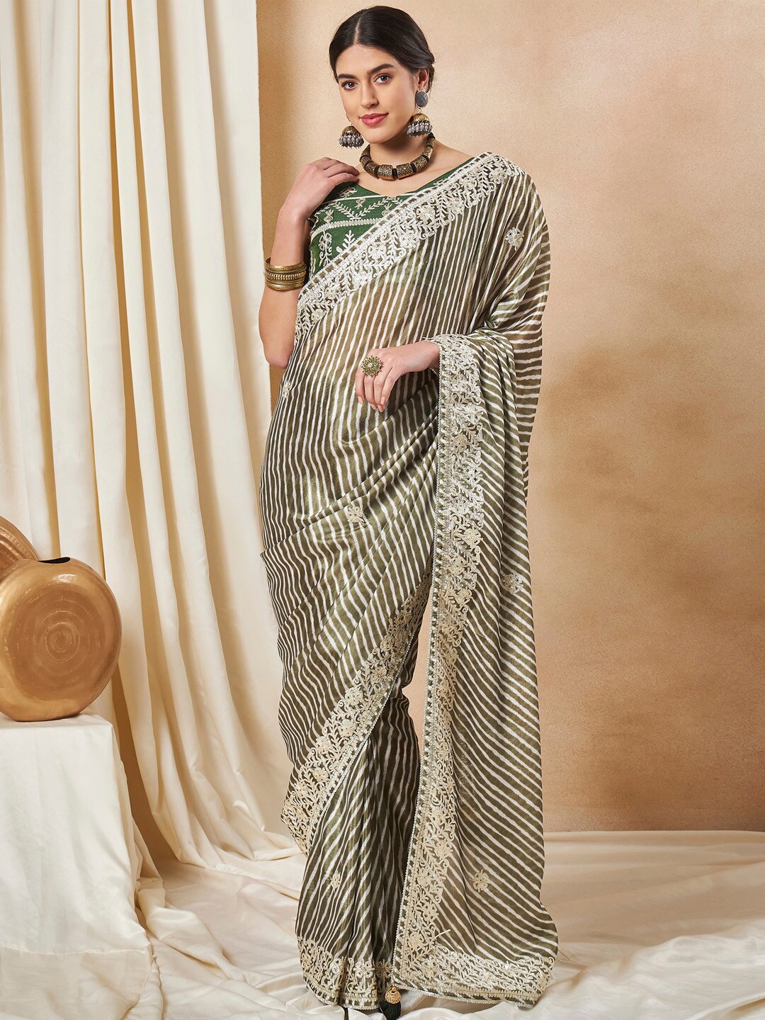 

Saree mall Olive Green Leheriya Gotta Patti Poly Chiffon Saree