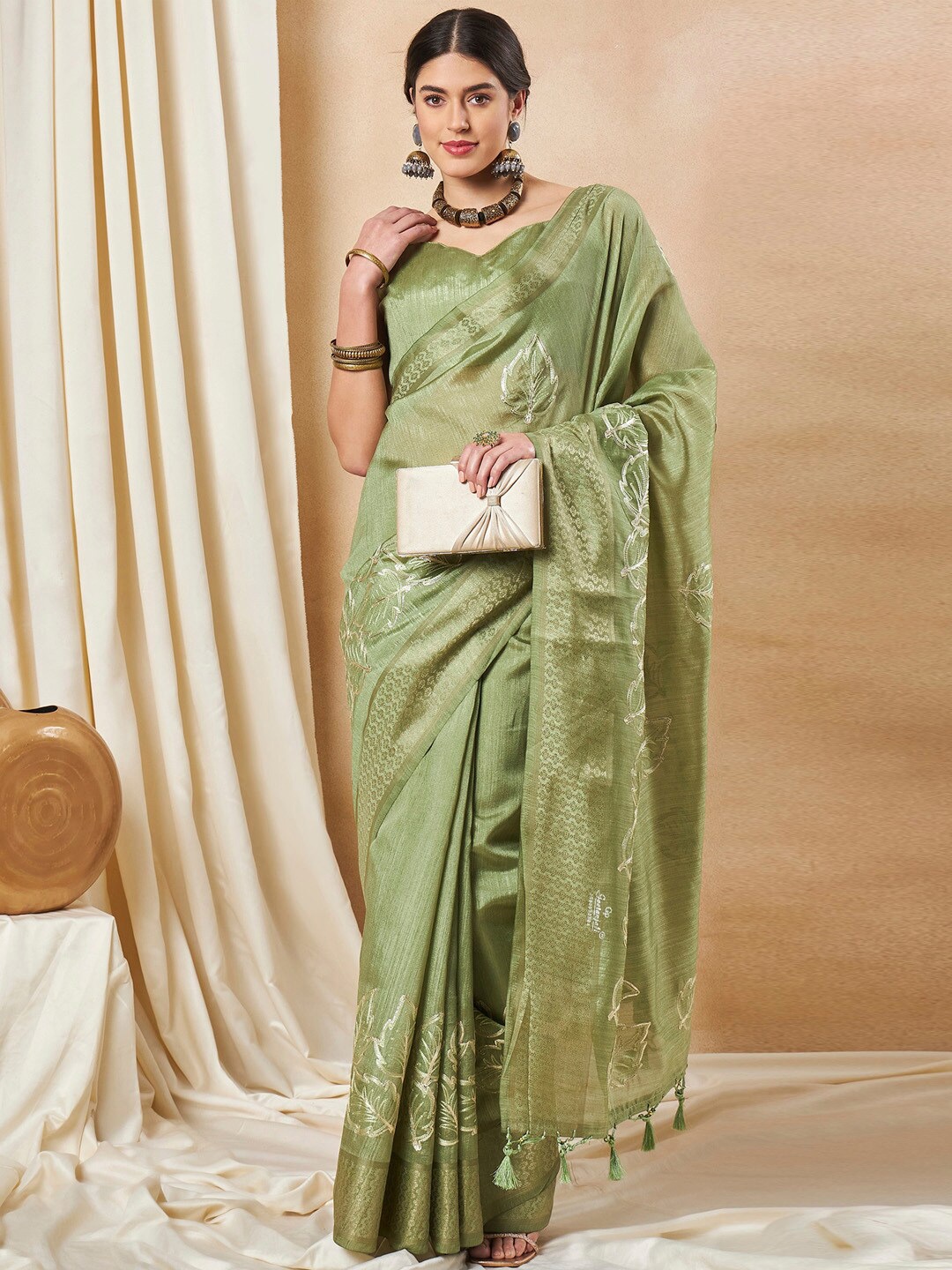 

Saree mall Green Floral Woven Design Zari Saree