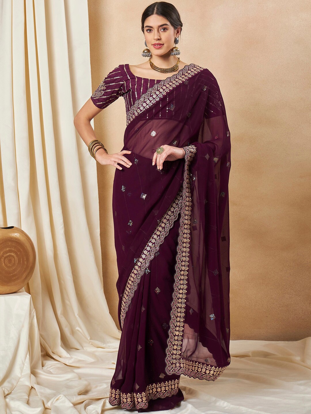 

Saree mall Embellished Sequinned Poly Georgette Sarees, Purple