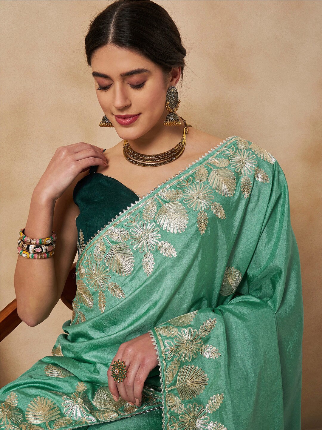 

Saree mall Ethnic Motifs Embroidered Silk Blend Sarees, Sea green