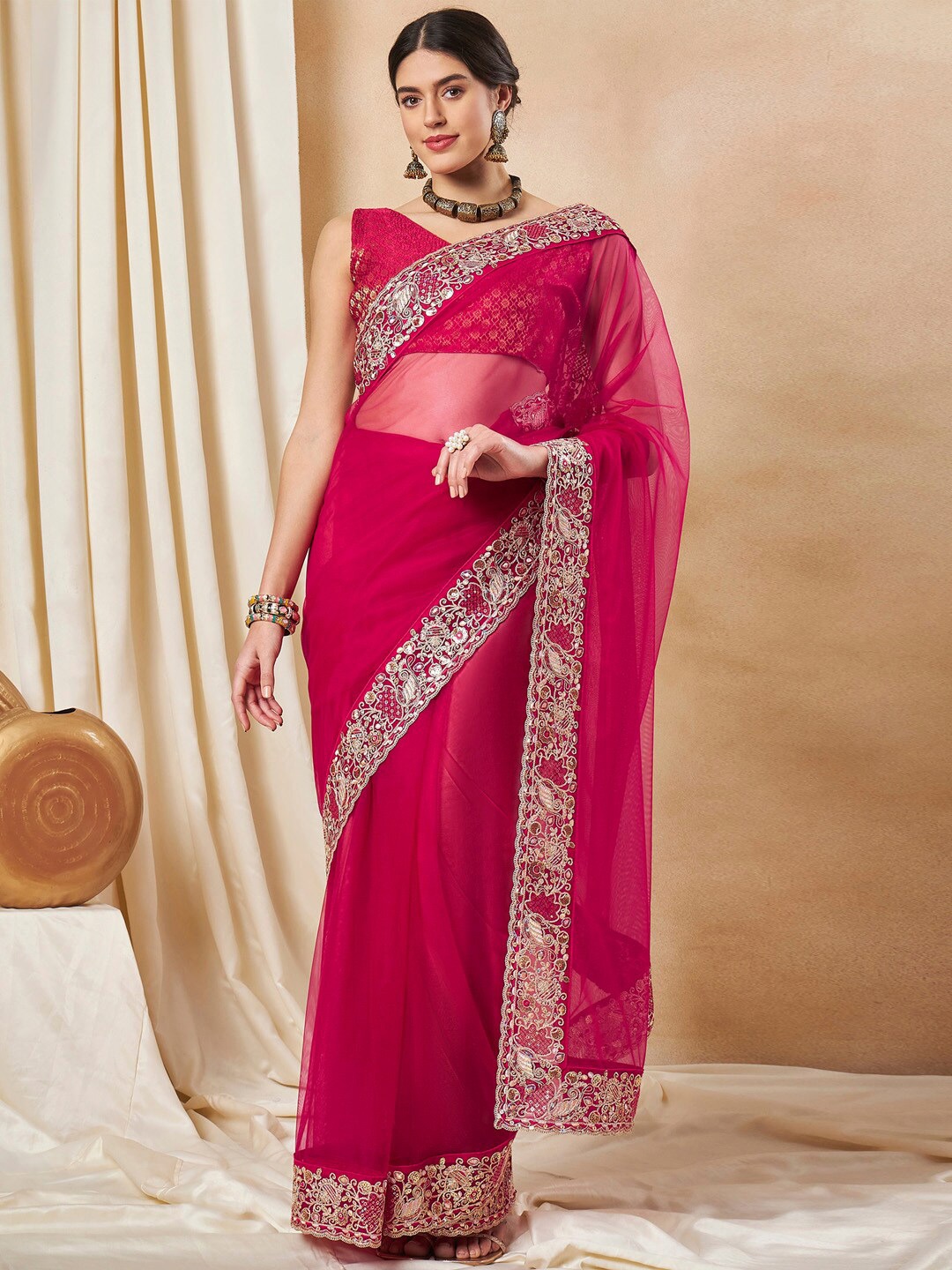 

Saree mall Embroidered Embellished Net Sarees, Pink