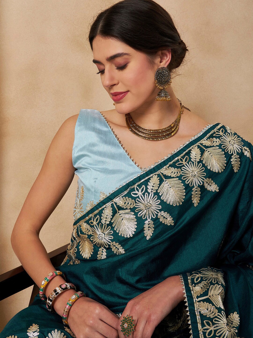 

Saree mall Floral Embroidered Silk Blend Sarees, Teal