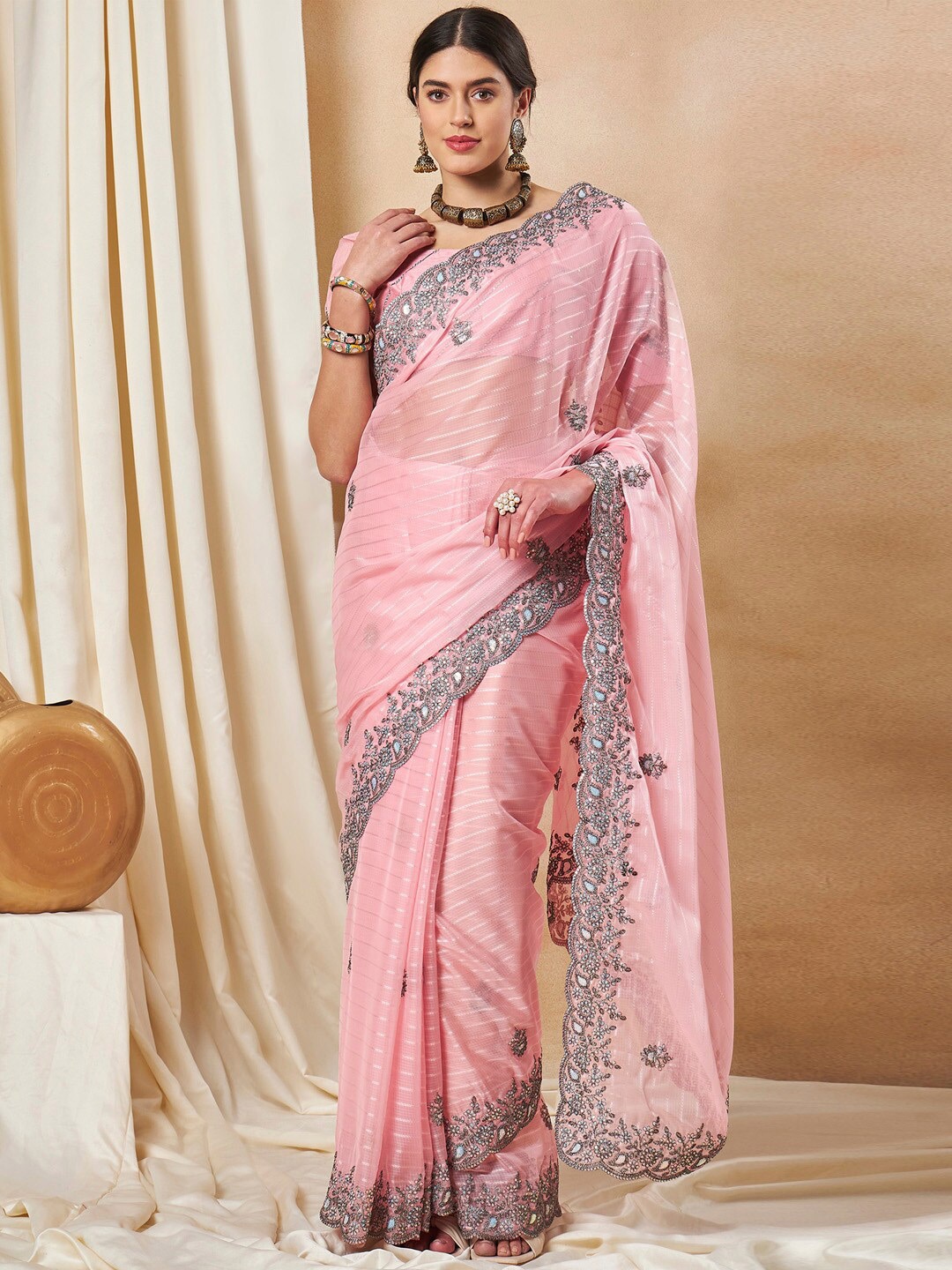 

Saree mall Embellished Sequinned Poly Georgette Sarees, Pink