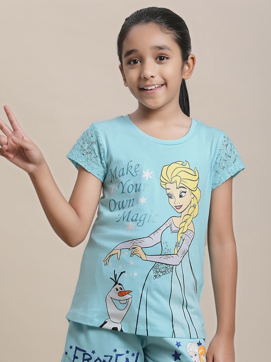 

Kids Ville Girls Frozen Printed Round Neck Pure Cotton T-shirt, Blue