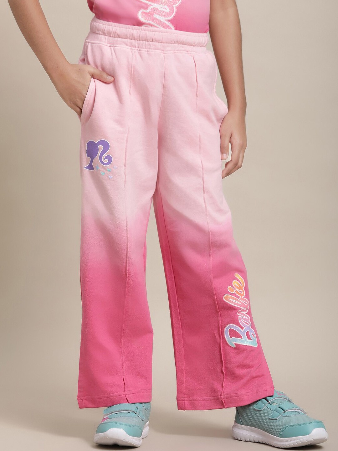 

Kids Ville Girls Barbie Printed Mid Rise Track Pants, Pink