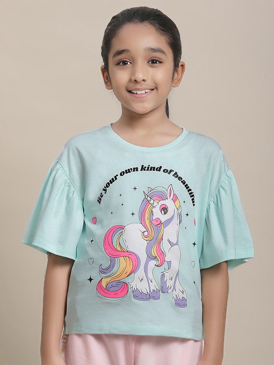 

Kids Ville Girls Graphic Printed Round Neck Pure Cotton T-shirt, Green