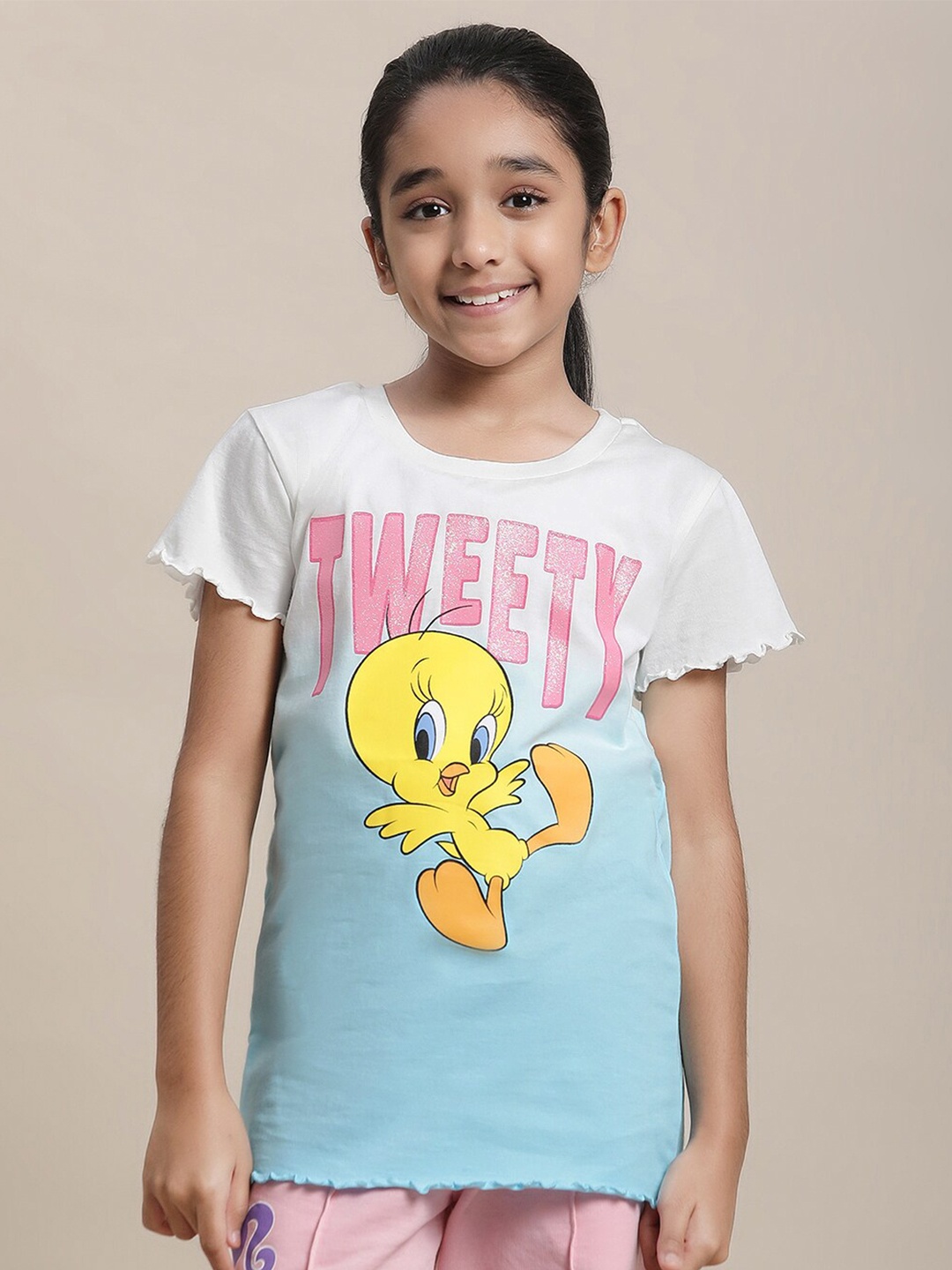 

Kids Ville Girls Looney Tunes Graphic Printed Pure Cotton T-shirt, White