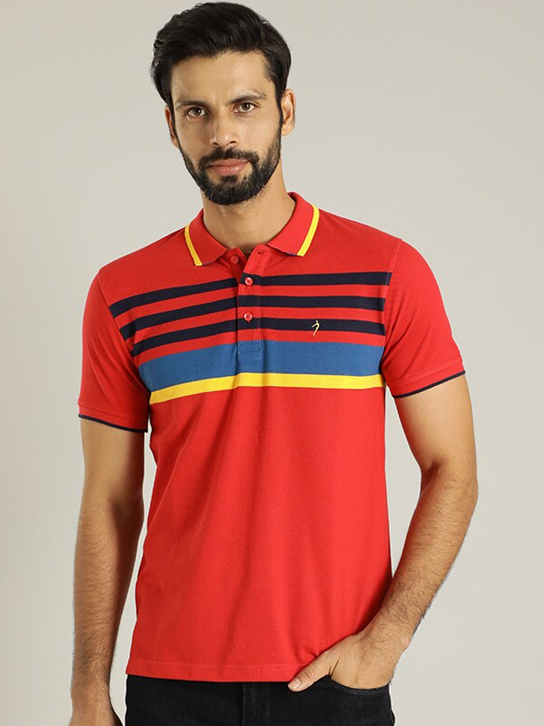 

Indian Terrain Striped Polo Collar Short Sleeves Cotton T-shirt, Red