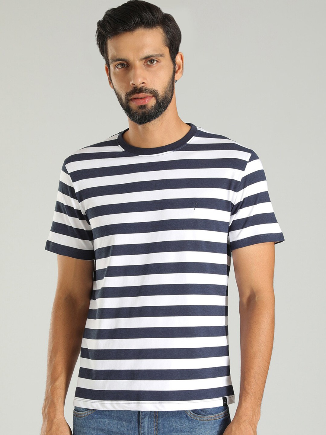 

Indian Terrain Striped Round Neck Short Sleeves Cotton T-Shirt, Navy blue