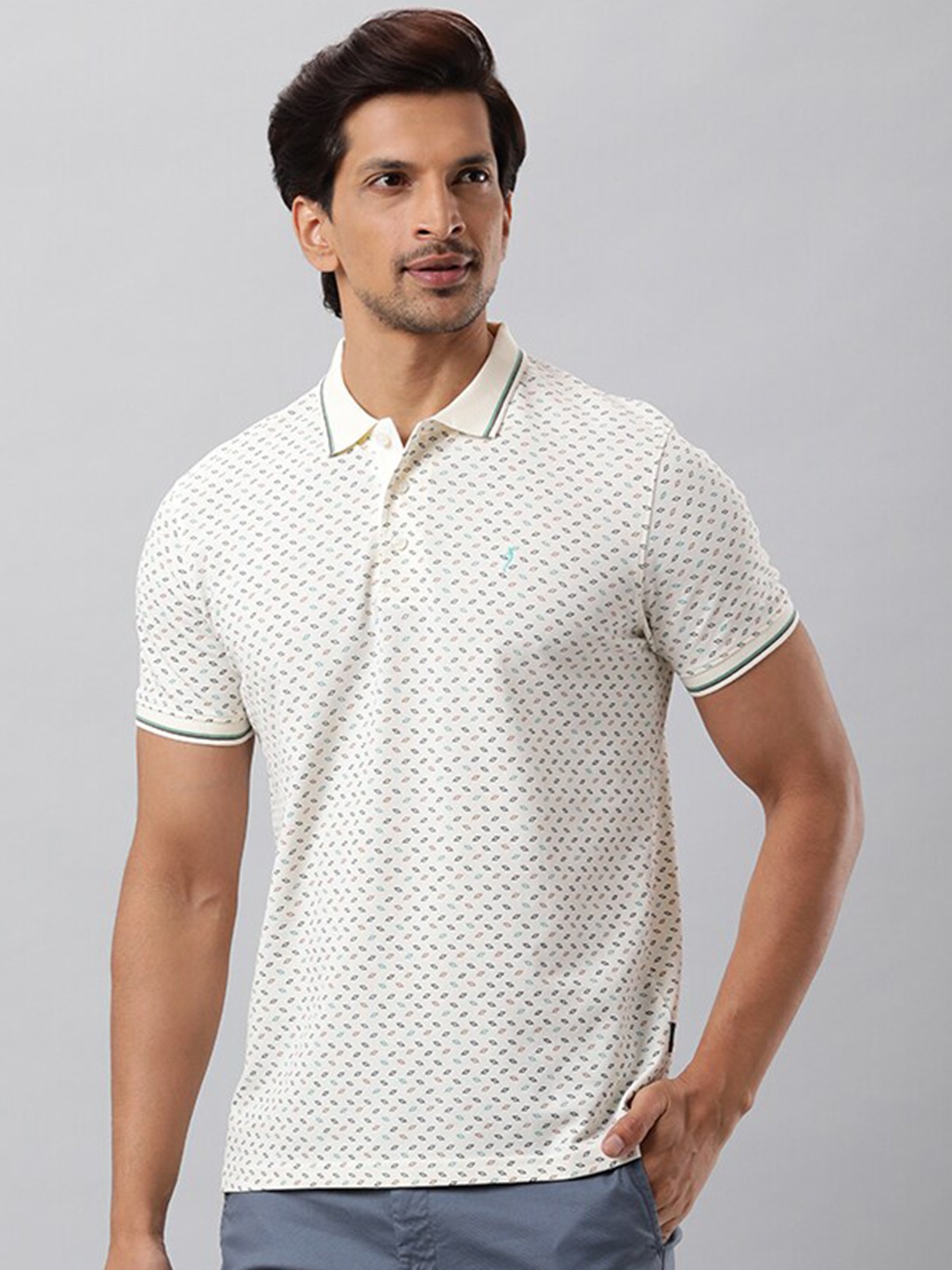 

Indian Terrain Geometric Printed Short Sleeves Polo Collar Cotton T-shirt, Blue