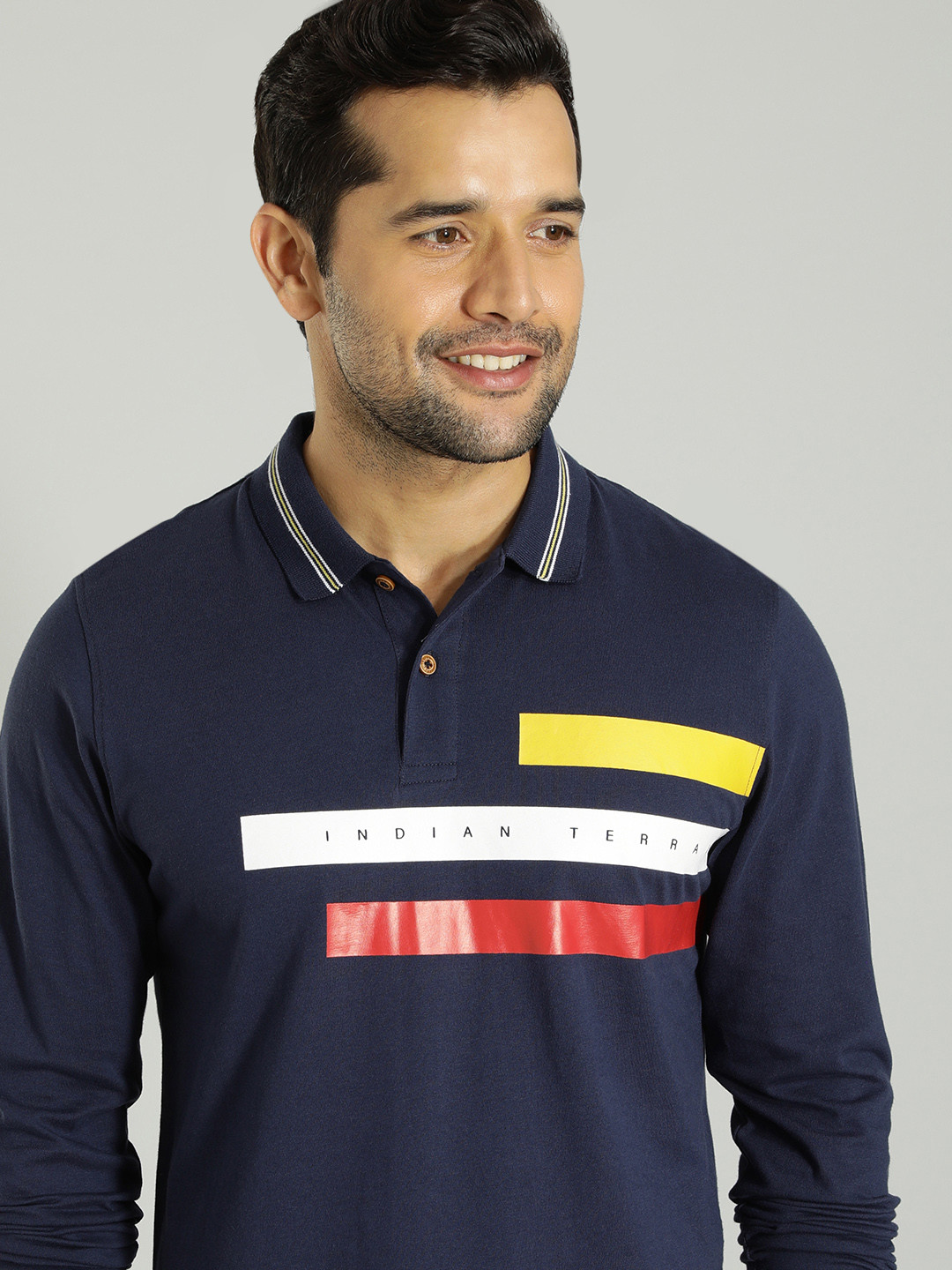 

Indian Terrain Geometric Printed Polo Collar Pure Cotton T-shirt, Navy blue
