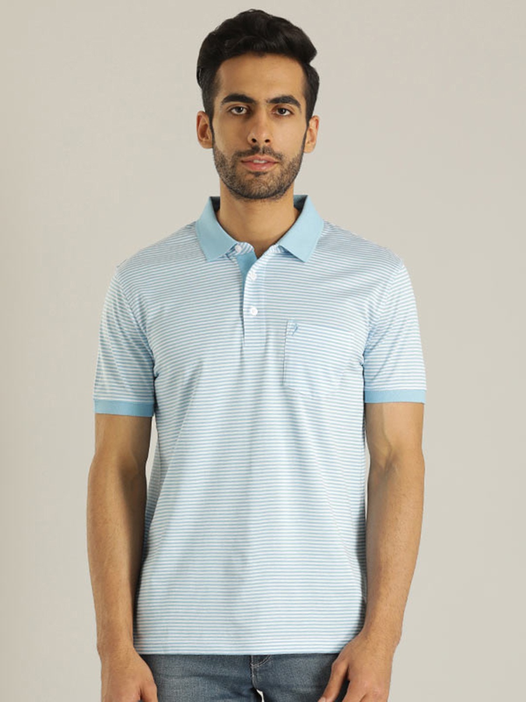 

Indian Terrain Striped Polo Collar Pure Cotton T-shirt, Blue