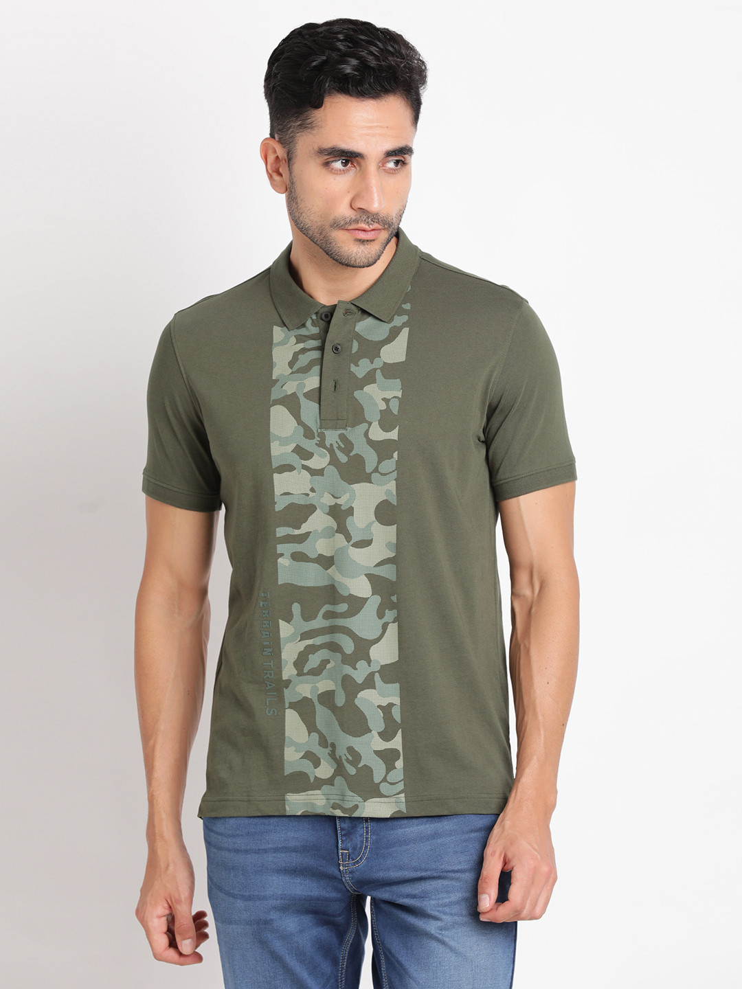 

Indian Terrain Camouflage Printed Polo Collar Pure Cotton T-shirt, Green