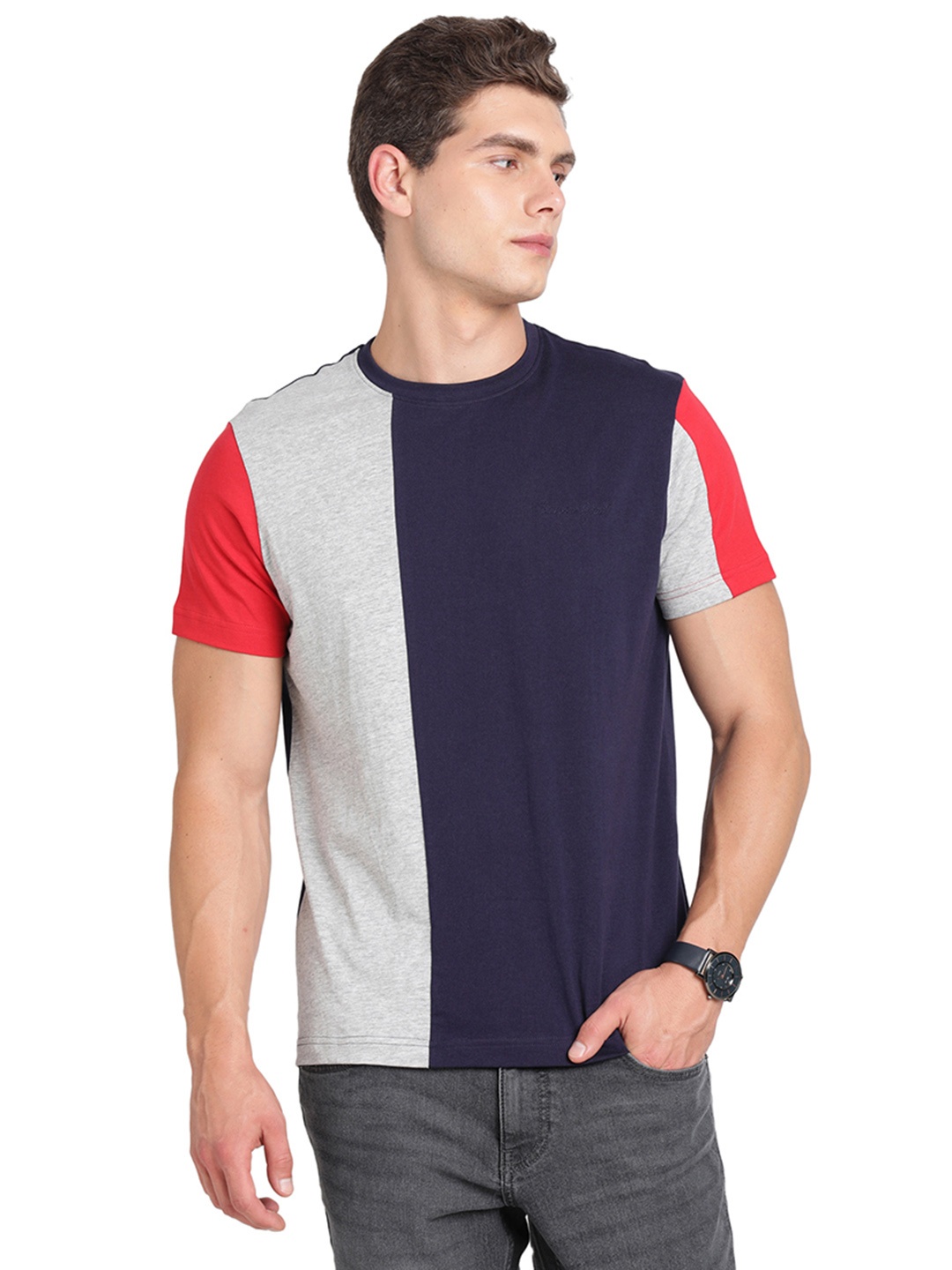 

Indian Terrain Colourblocked Pure Cotton T-shirt, Navy blue