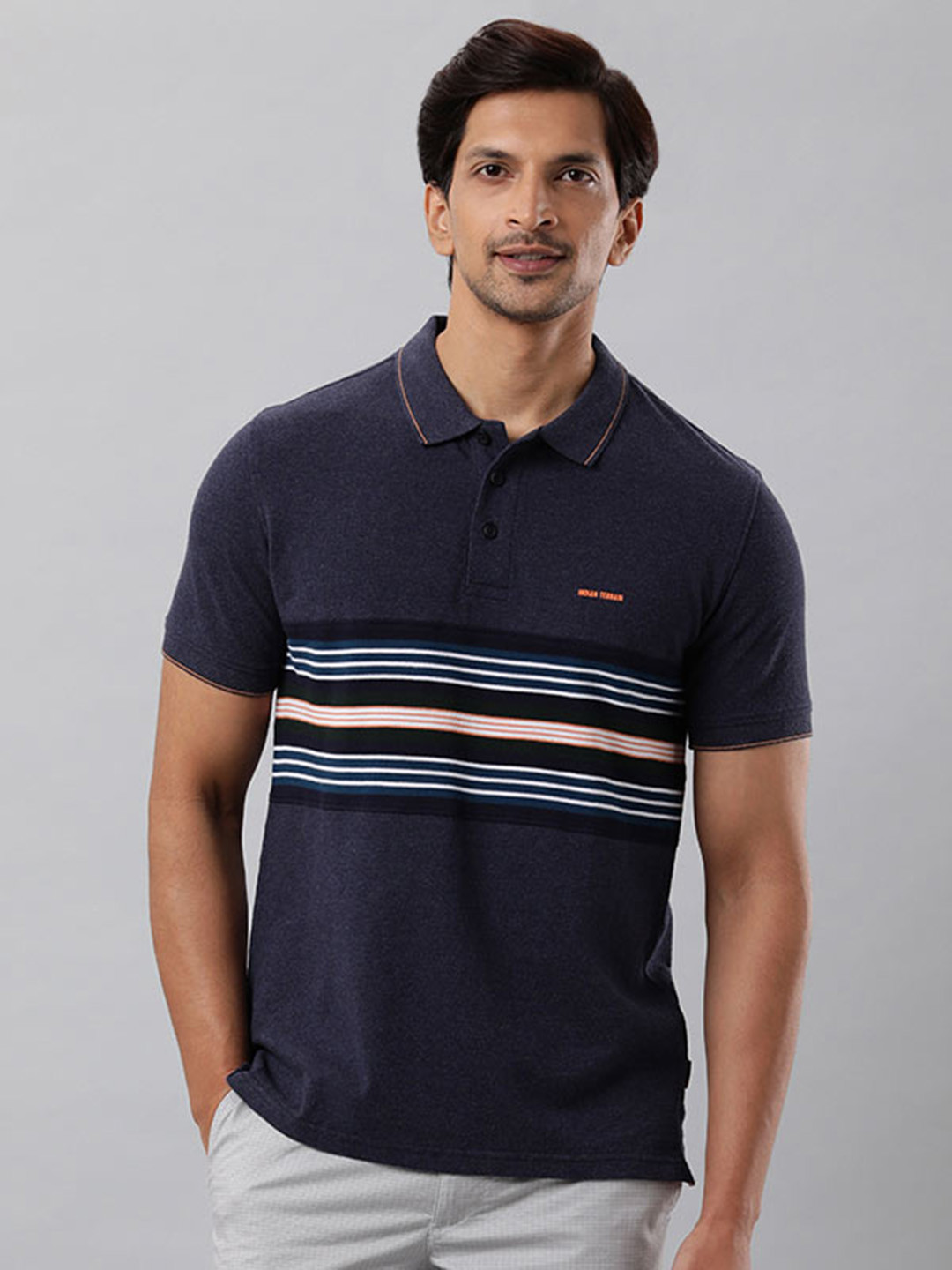 

Indian Terrain Striped Polo Collar Pure Cotton T-shirt, Navy blue
