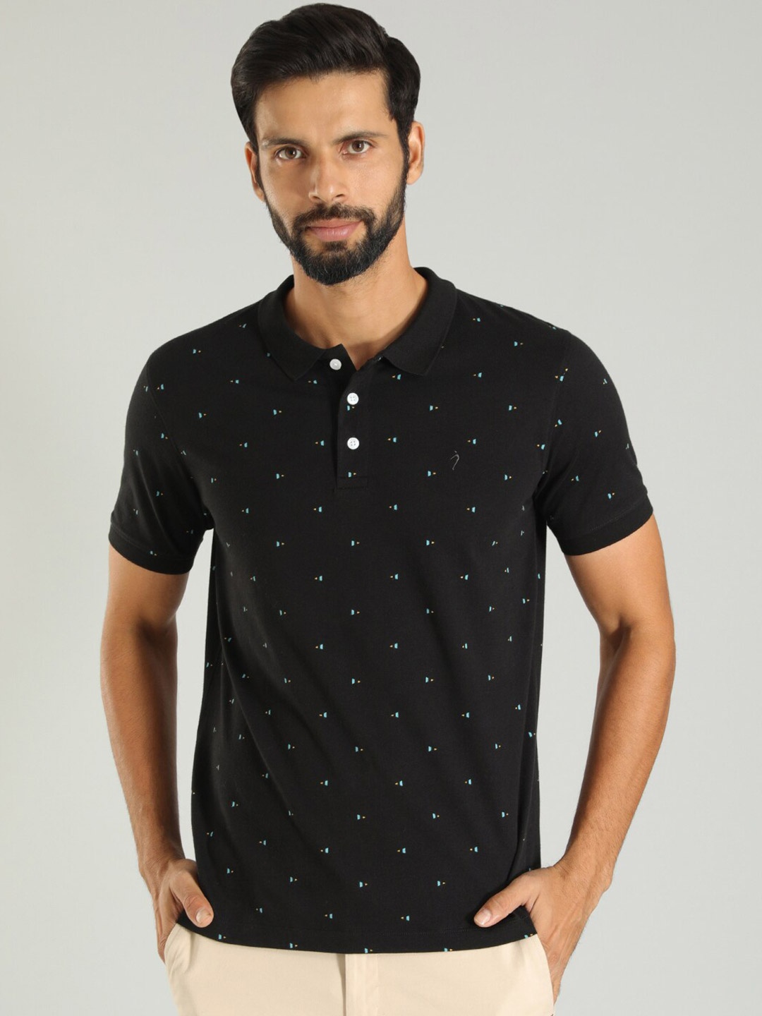 

Indian Terrain Geometric Printed Short Sleeves Polo Collar Cotton T-shirt, Black