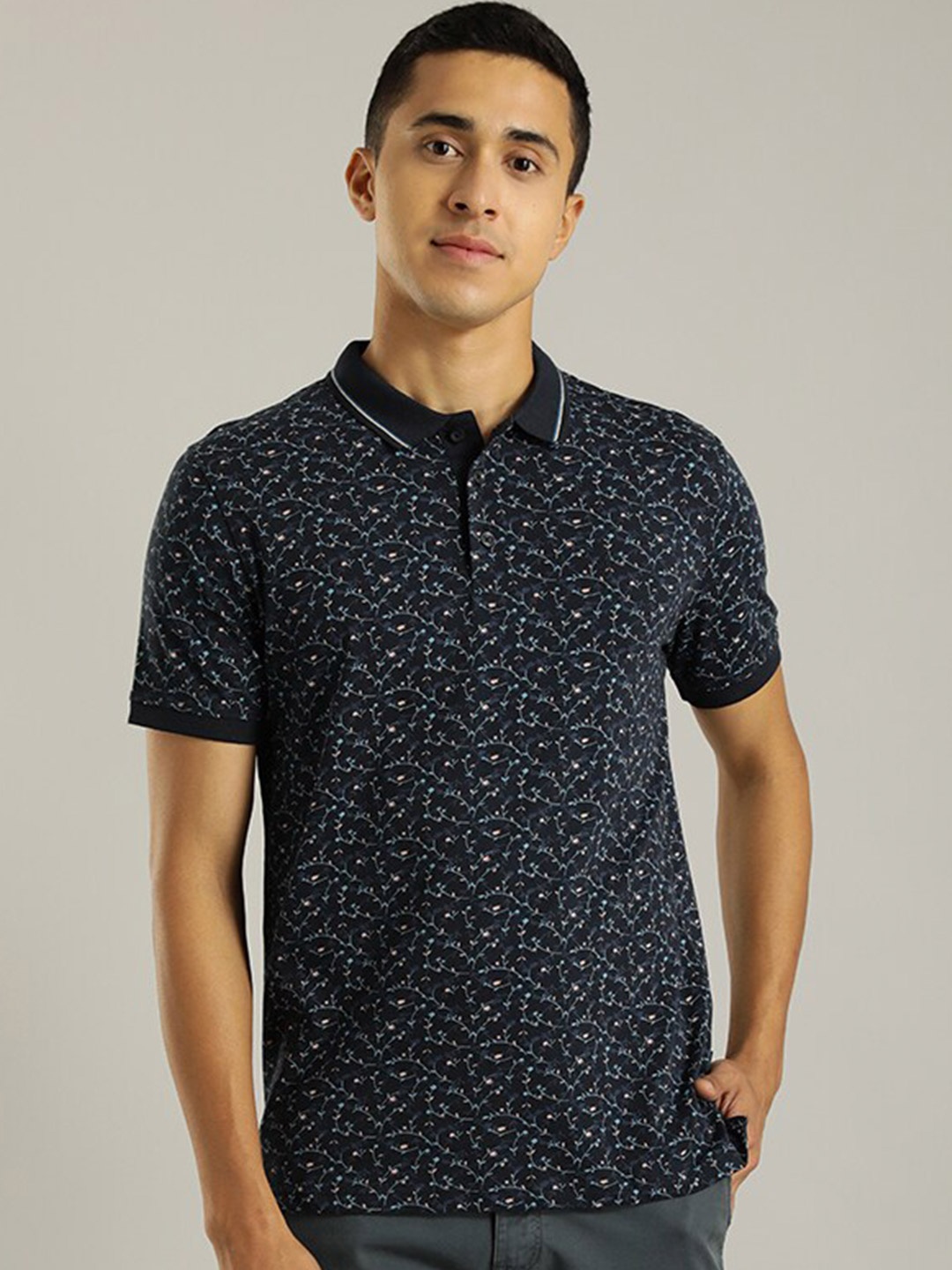 

Indian Terrain Floral Printed Polo Collar Cotton T-shirt, Navy blue