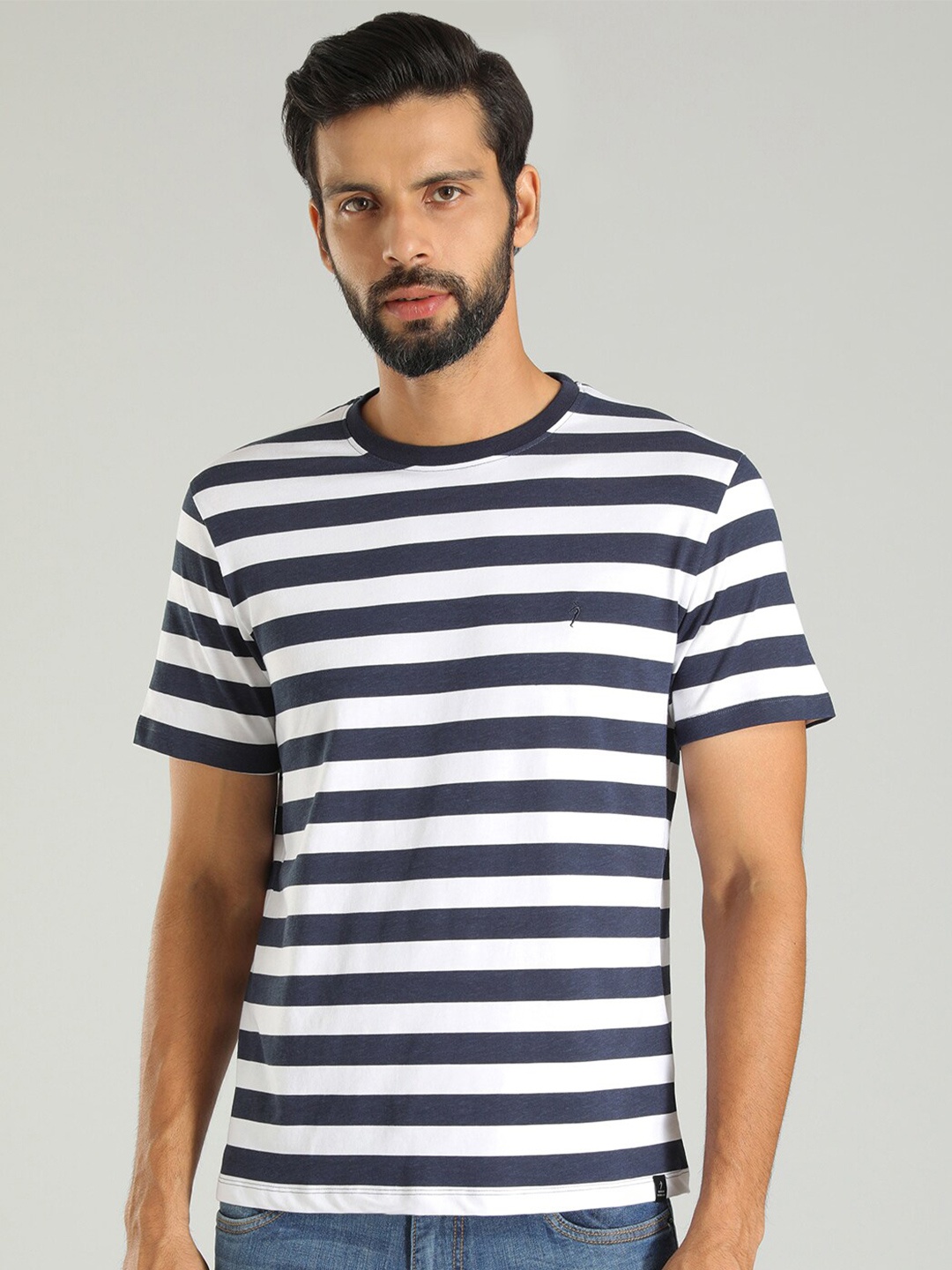 

Indian Terrain Striped Cotton Drop-Shoulder Sleeves Pockets T-shirt, Navy blue