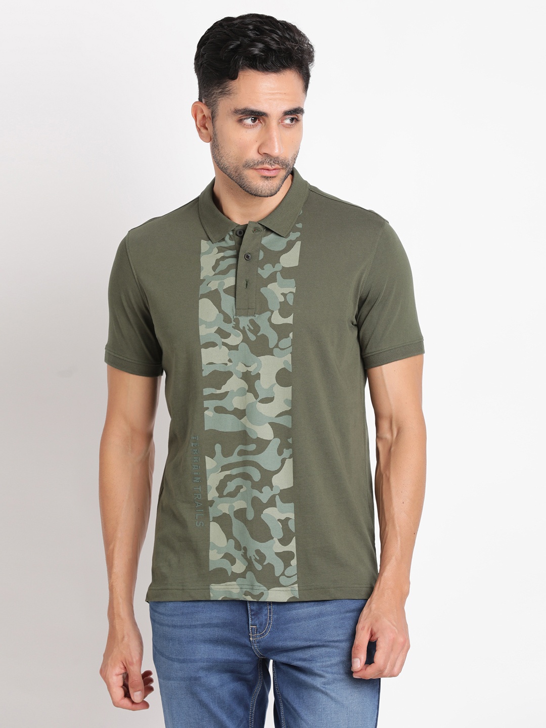 

Indian Terrain Camouflage Printed Polo Collar Cotton T-shirt, Green