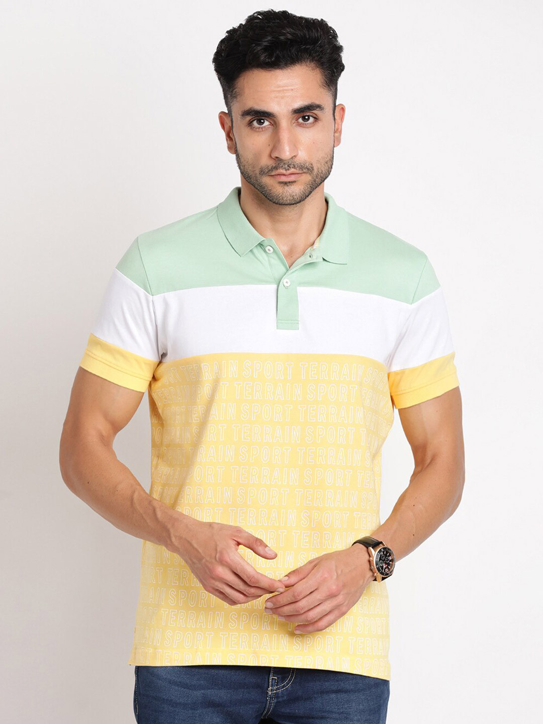 

Indian Terrain Colourblocked Polo Collar Cotton T-shirt, Yellow