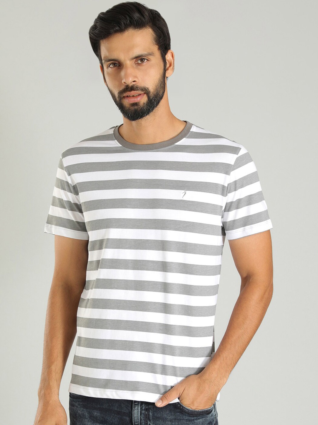 

Indian Terrain Horizontal Striped Cotton T-shirt, Grey
