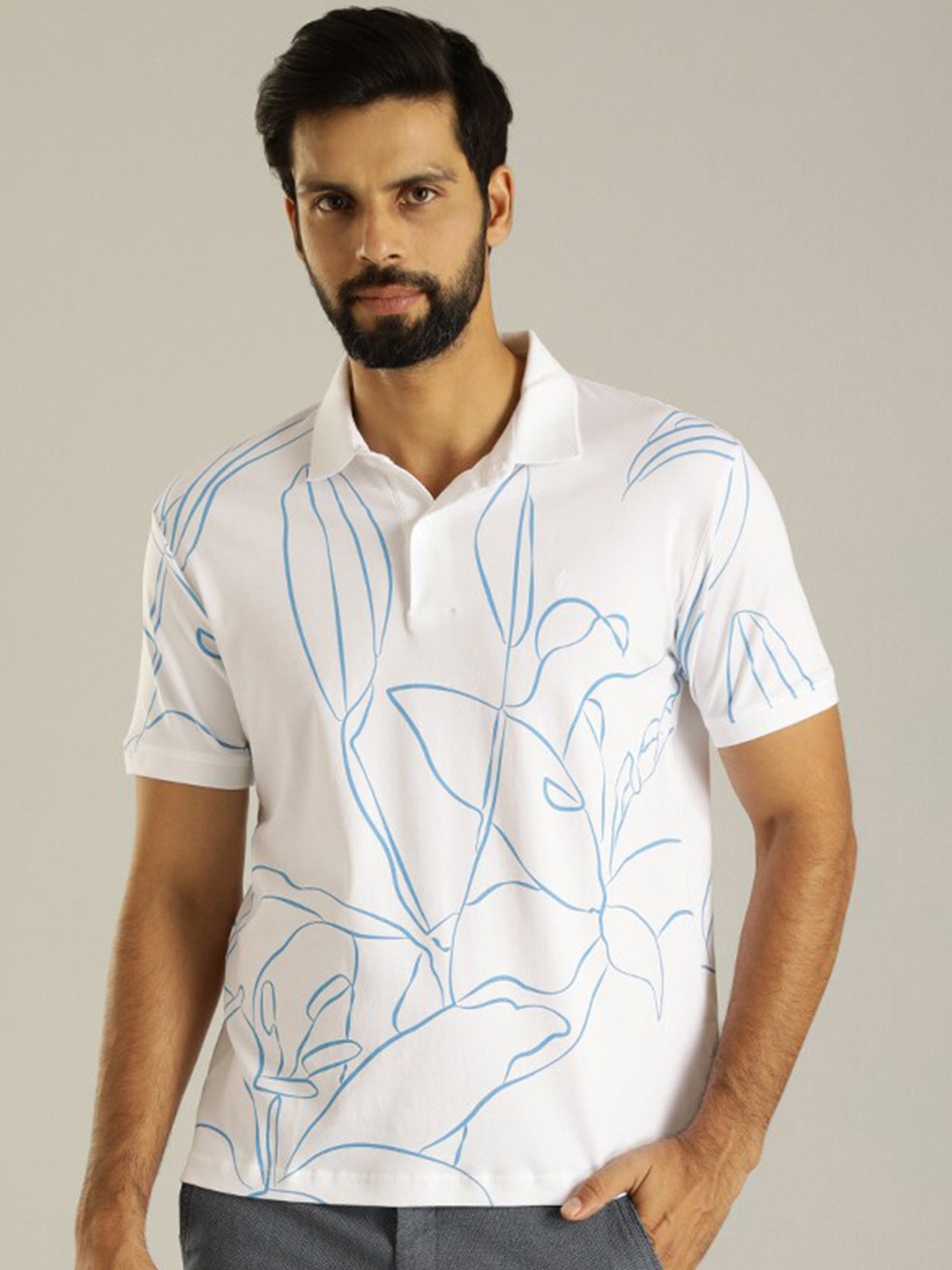 

Indian Terrain Floral Printed Polo Collar T-shirt, White